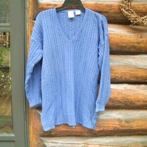Vintage Merit Awards Blue V-Neck Cable Knit Cotton Sweater Size S/M